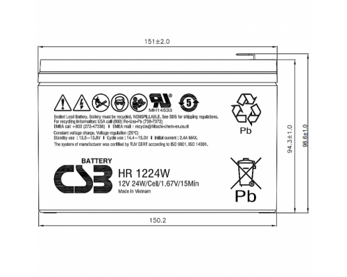 Акумуляторна батарея CSB HR1224WF2, 12V 6.5Ah (151*54*94)