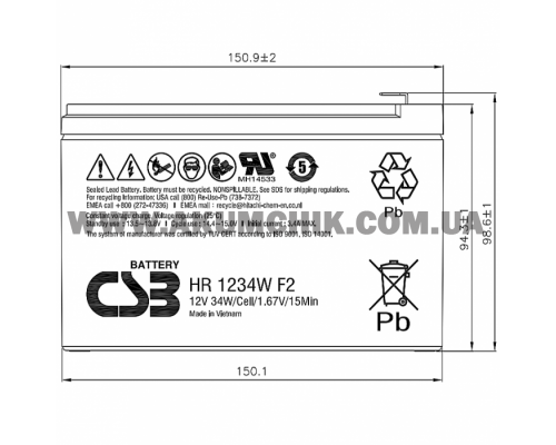 Акумуляторна батарея CSB HR1234WF2, 12V 9Ah (151х65х101мм)