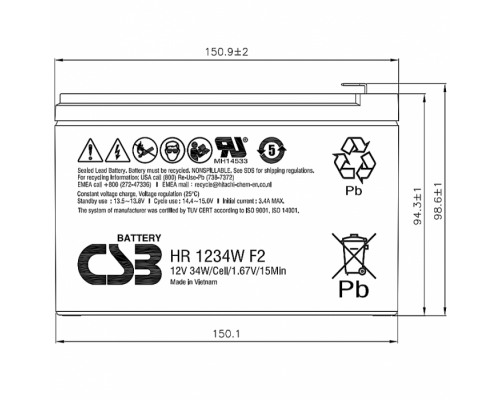 Акумуляторна батарея CSB HR1234WF2, 12V 9Ah (151х65х101мм)