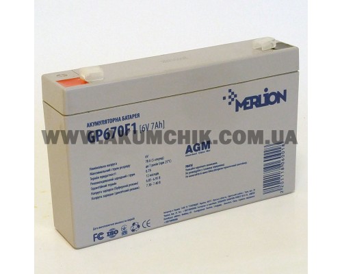 Акумуляторна батарея Merlion AGM GP670F1, 6V 7Ah (151х35х94 (100)) 2287